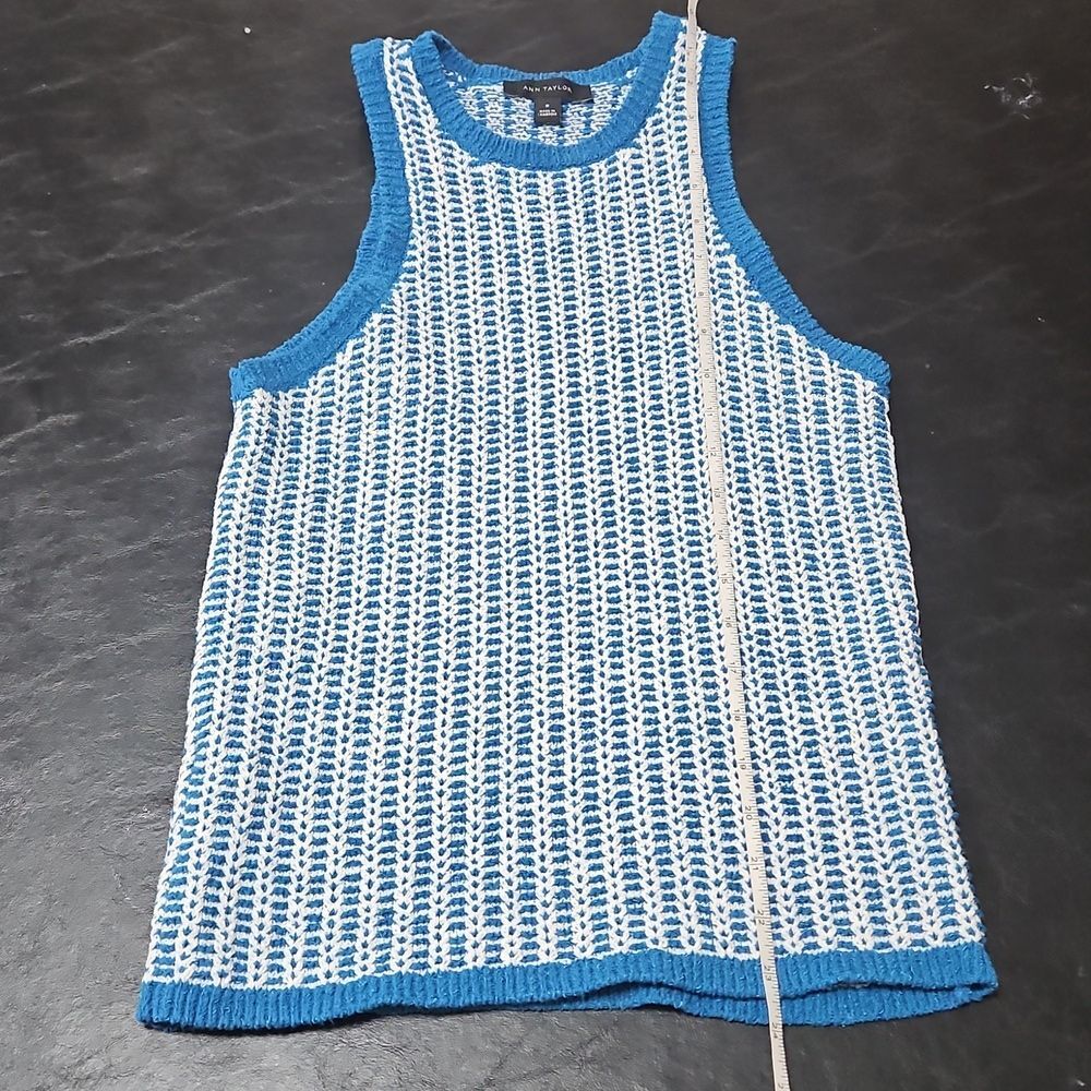 Ann Taylor Textured Knit Cardigan Tank Set Blue White Gold Button Lady Jacket M - Picture 16 of 16